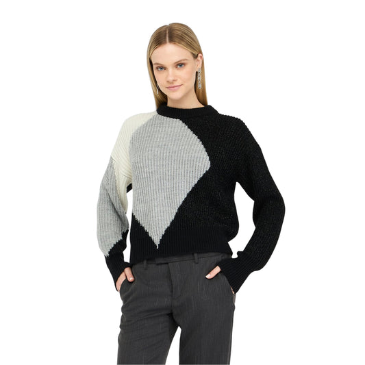 Maglione Donna in lana con intarsi nero/grigio/bianco modella frontale
