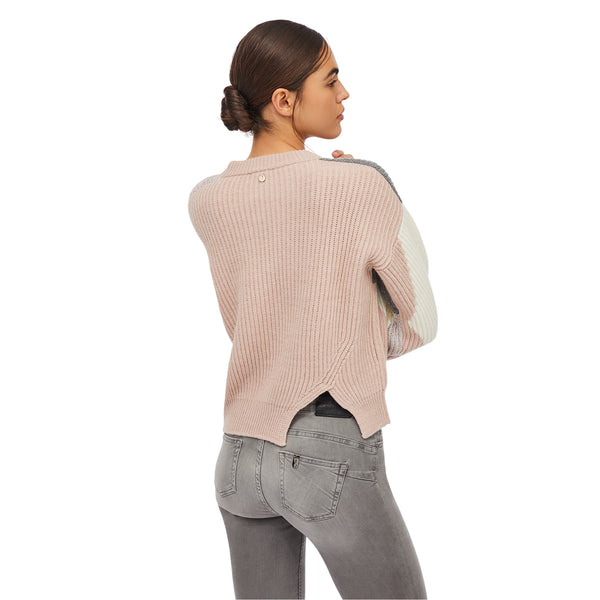 Maglione Donna in lana con intarsi rosa/grigio/bianco modella retro