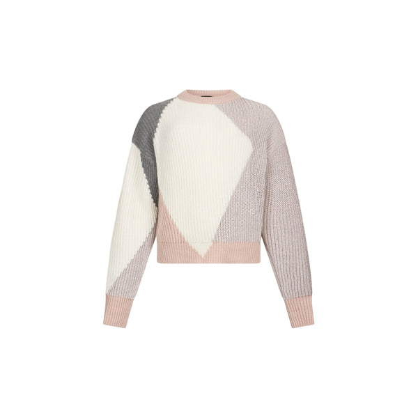 Maglione Donna in lana con intarsi rosa/grigio/bianco