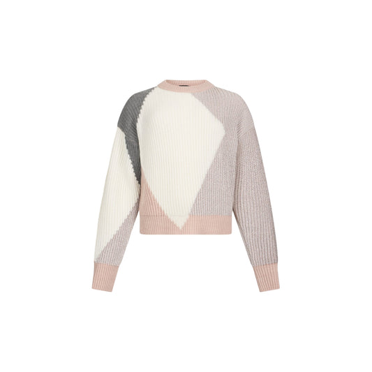 Maglione Donna in lana con intarsi rosa/grigio/bianco