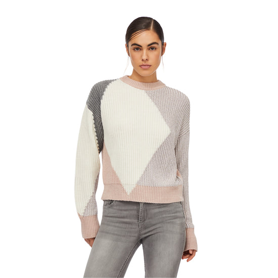 Maglione Donna in lana con intarsi rosa/grigio/bianco modella frontale