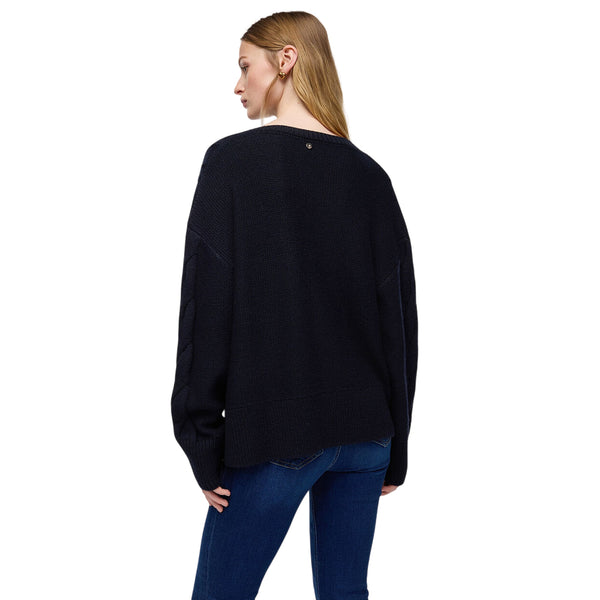 Maglione Donna in lana a trecce Blu scuro modella retro