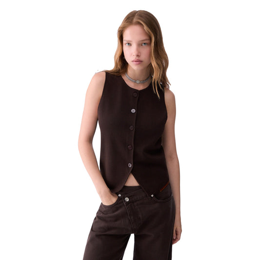 Gilet Donna in maglia con pizzo Marrone modella frontale