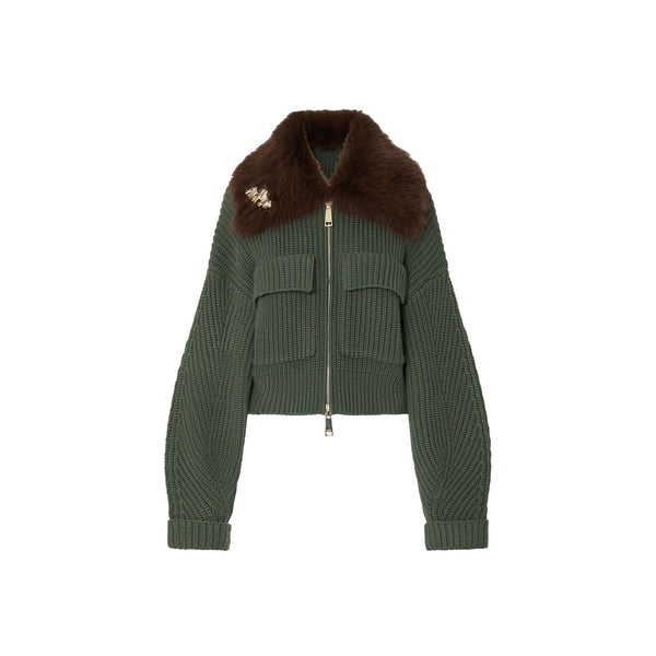 Bomber Donna in lana verde con colletto teddy