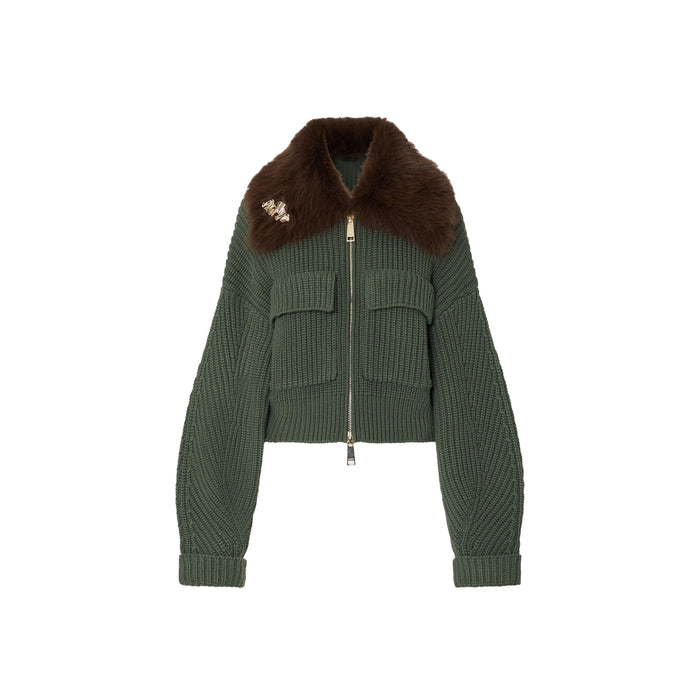 Bomber Donna in lana verde con colletto teddy