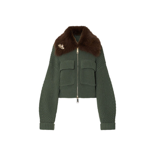 Bomber Donna in lana verde con colletto teddy