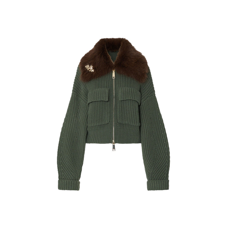 Bomber Donna in lana verde con colletto teddy