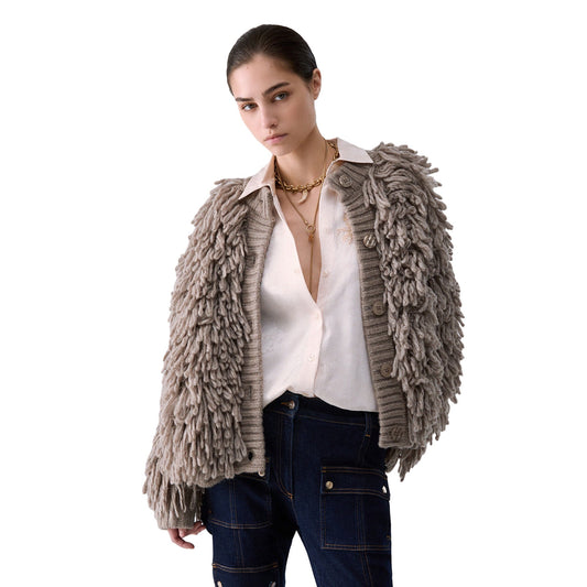 Cappotto Donna in maglia beige lurex modella frontale
