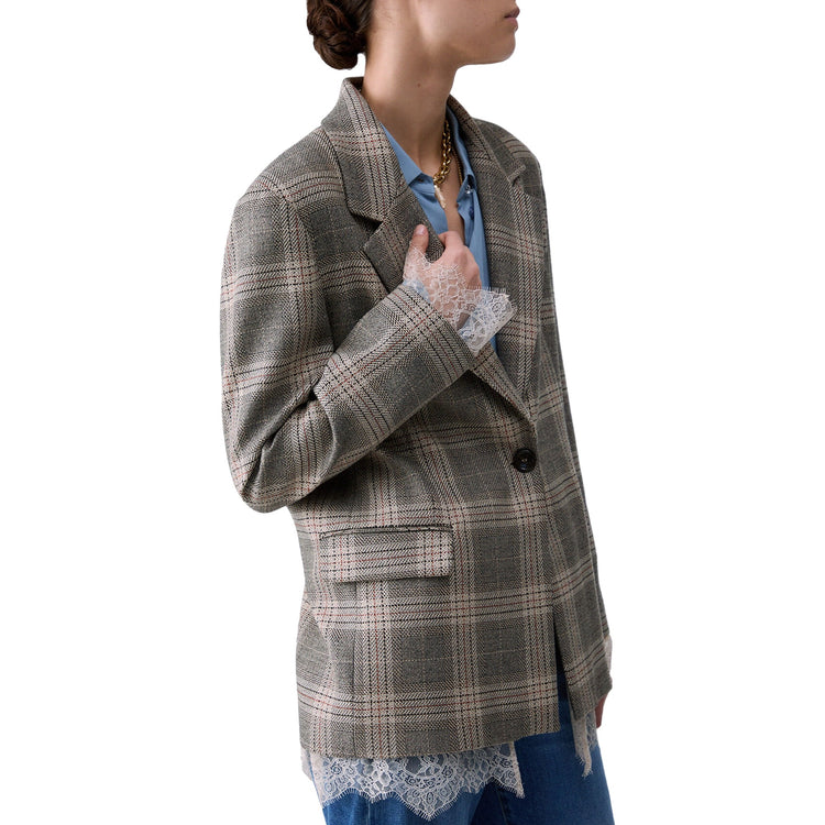 Blazer Donna motivo check con pizzo modella laterale
