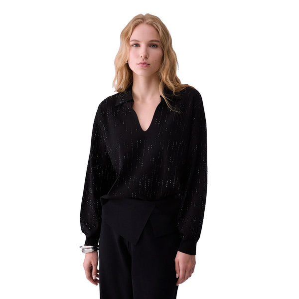 Maglia Donna con colletto e strass Nero, modella frontale