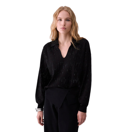 Maglia Donna con colletto e strass Nero, modella frontale