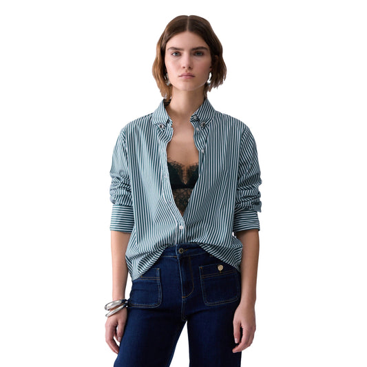 Camicia classica Donna design a righe Verde modella frontale