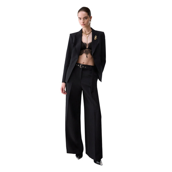 Pantalone Donna wide leg con cintura nero, modella intera frontale