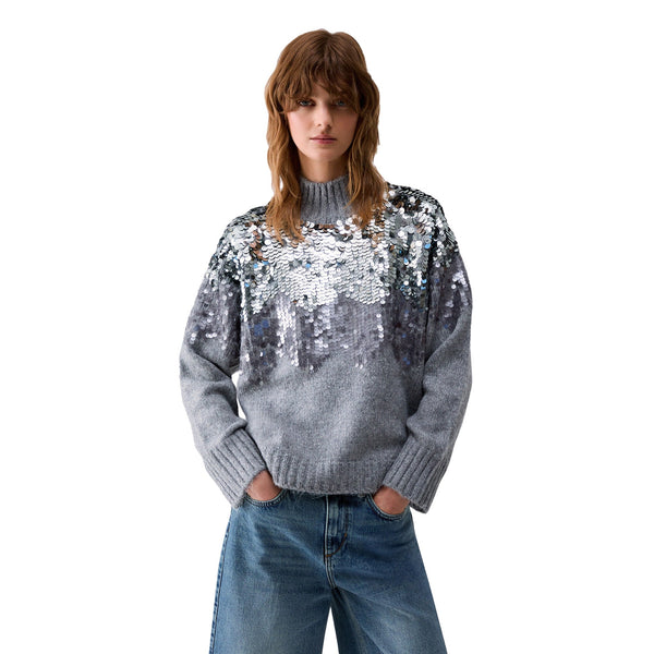 Maglia Donna in lana con paillettes Grigio modella frontale