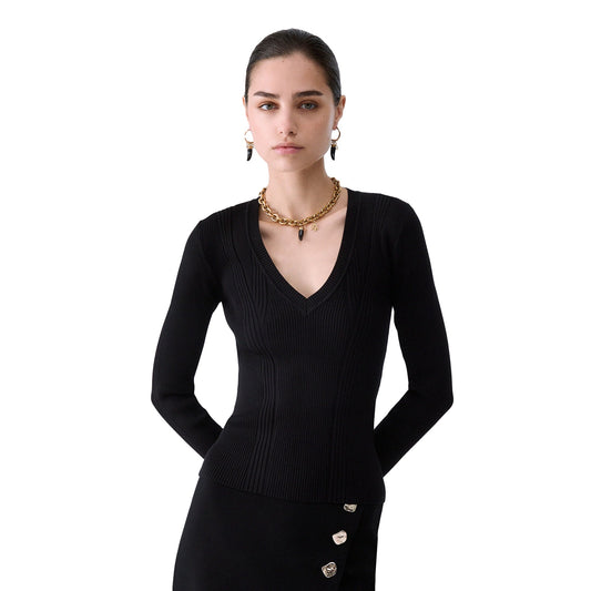 Maglia Donna con piccoli cut-out Nero modella frontale