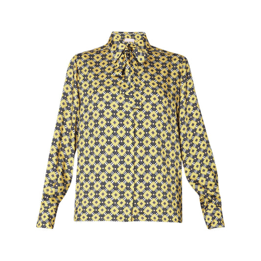 Camicia in twill con stampa geometrica all over e colletto classico con fiocco