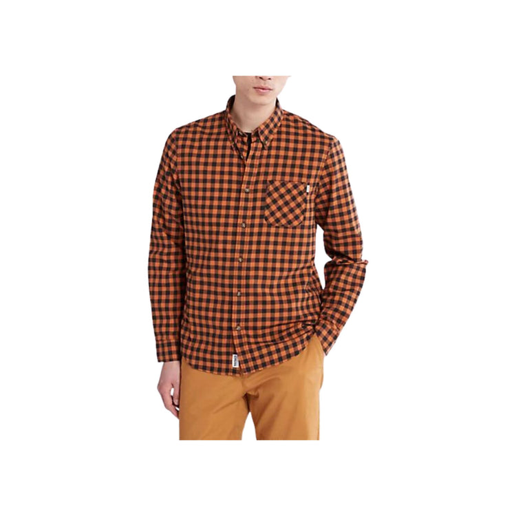 foto modello frontale camicia da uomo a quadri piccoli arancione Timberland