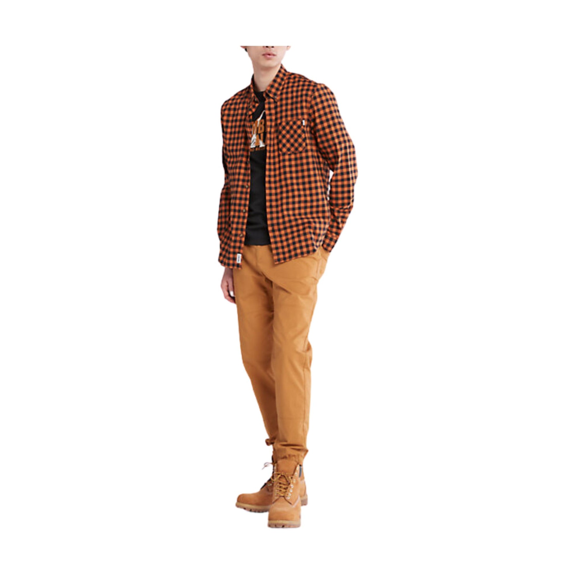 foto modello completo camicia da uomo a quadri piccoli arancione Timberland
