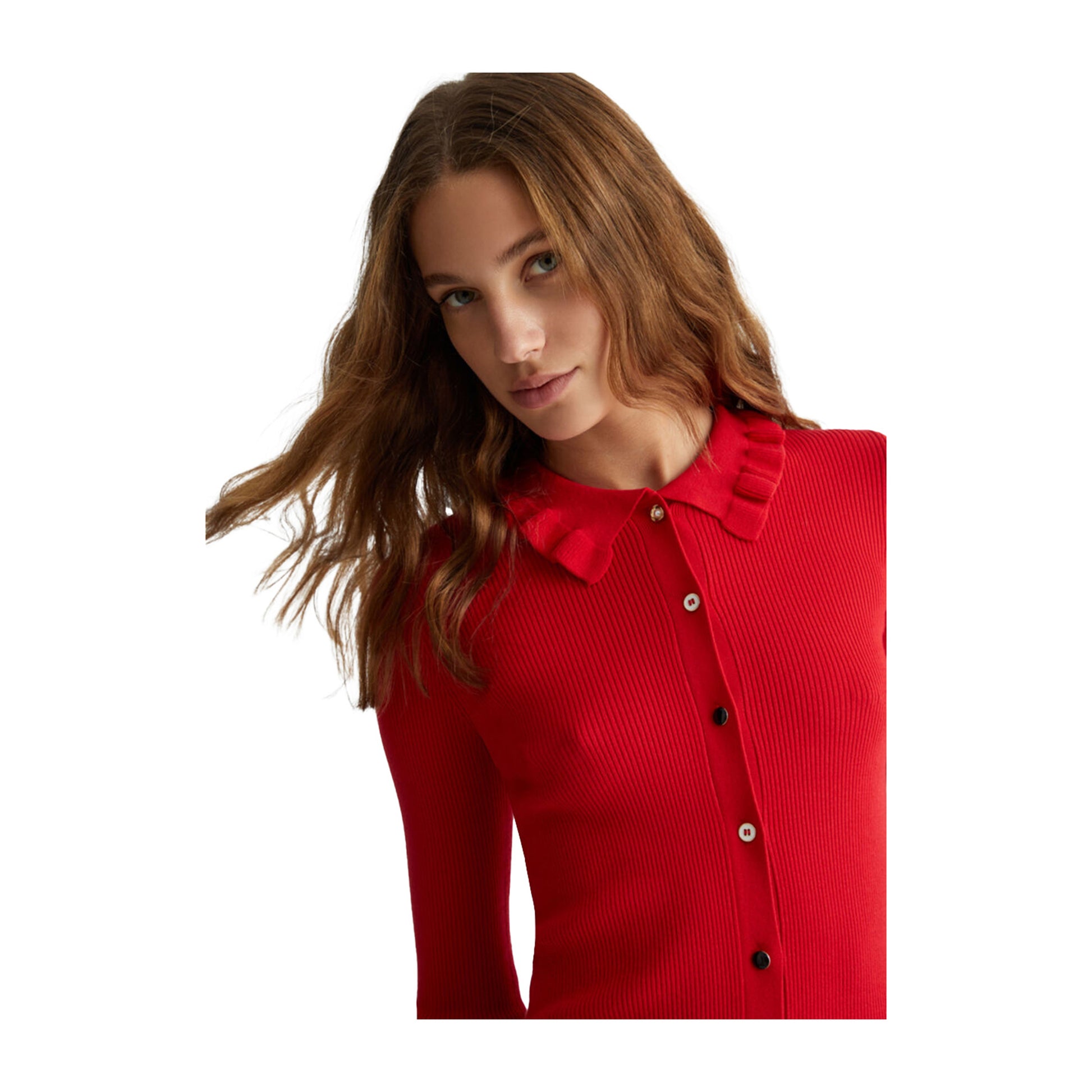 Cardigan Rosso Donna con colletto modella ravvicinata