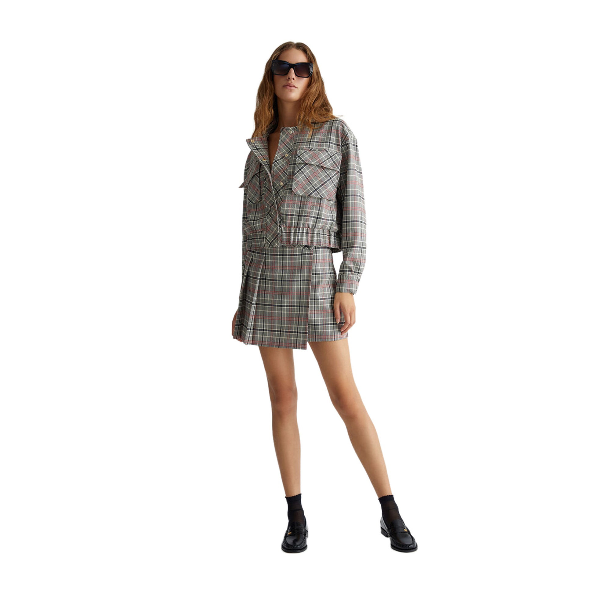 Minigonna Donna in Tartan grigio modella frontale intera