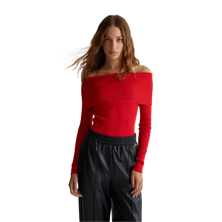 Maglia rossa Donna off-shoulder modella frontale