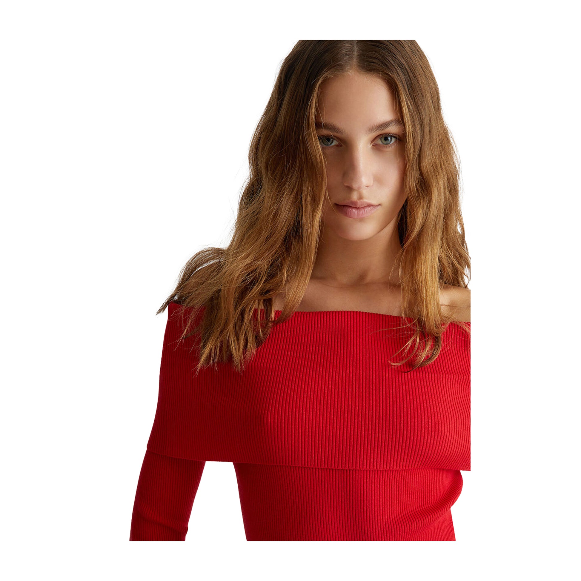 Maglia rossa Donna off-shoulder modella ravvicinata frontale