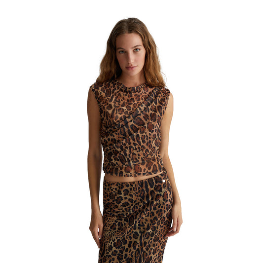 modella frontale Crop top Donna animalier in tulle marrone