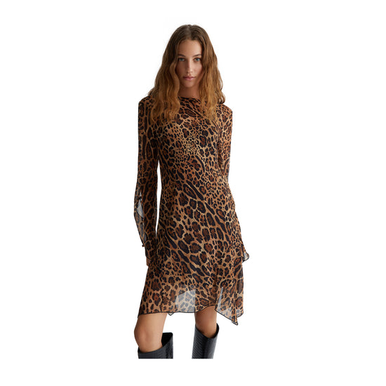 modella frontale Abito corto Donna animalier in tulle marrone