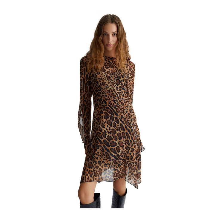 modella frontale Abito corto Donna animalier in tulle marrone