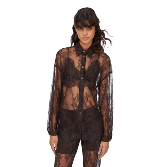 Camicia Donna in pizzo Marrone modella frontale