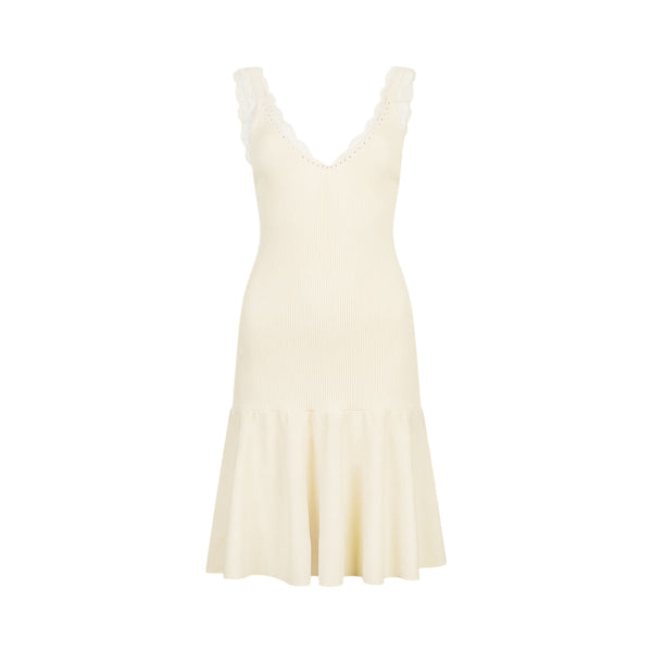 Abito corto Donna con dettagli pizzo beige chiaro