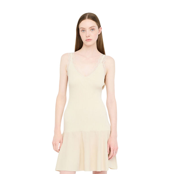 Abito corto Donna con dettagli pizzo beige chiaro modella frontale