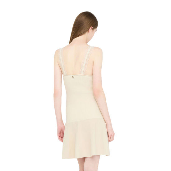 Abito corto Donna con dettagli pizzo beige chiaro modella retro