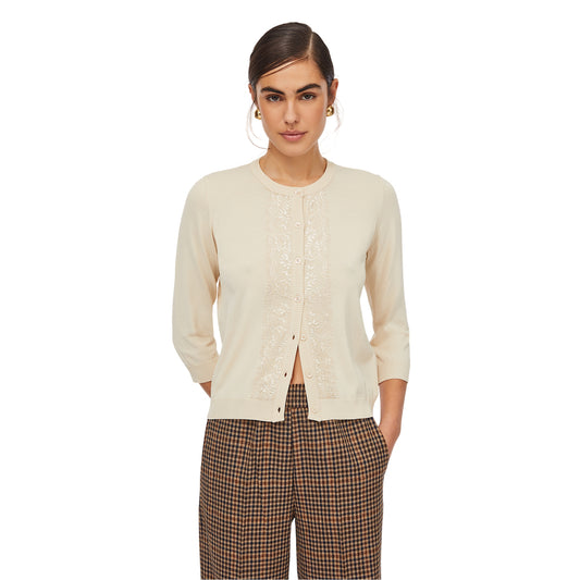 Cardigan Donna con dettagli in pizzo modella frontale