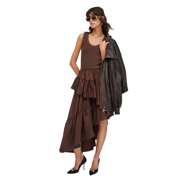 Abito Donna asimmetrico con volant marrone modella
