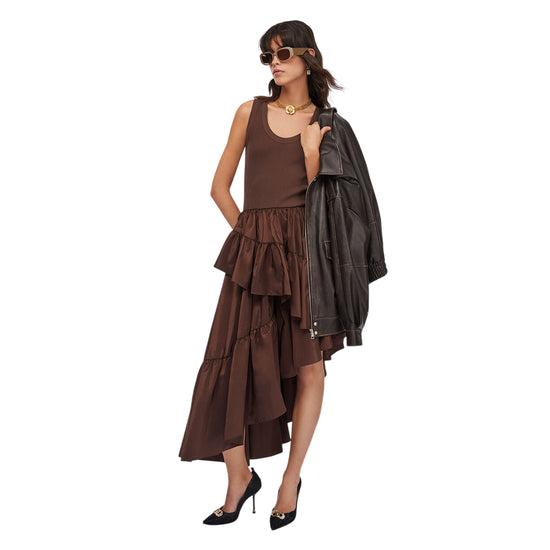 Abito Donna asimmetrico con volant marrone modella