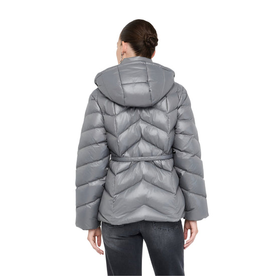 Piumino Donna trapuntato con cappuccio Grigio modella retro