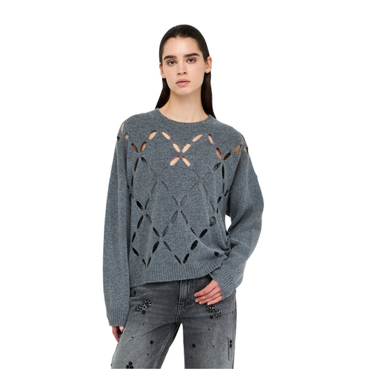 Maglia Donna in lana grigia con motivo cut-out modella frontale