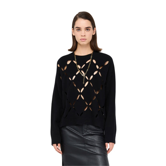 Maglia Donna in lana nera con motivo cut-out modella frontale