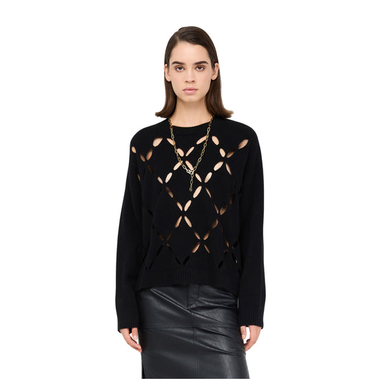 Maglia Donna in lana nera con motivo cut-out modella frontale
