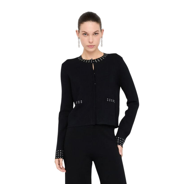 Giacca Donna in maglia con strass applicati modella frontale