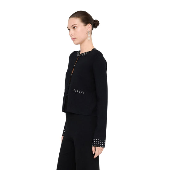 Giacca Donna in maglia con strass applicati modella laterale