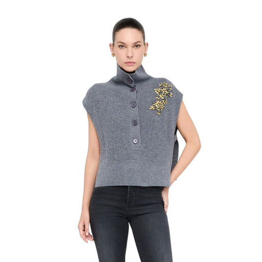 Maglia Donna senza maniche con gioiello Grigio modella frontale