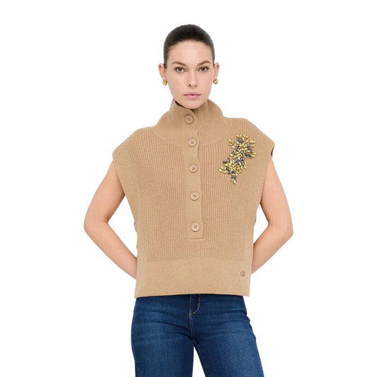 Maglia Donna senza maniche con gioiello Beige modella frontale