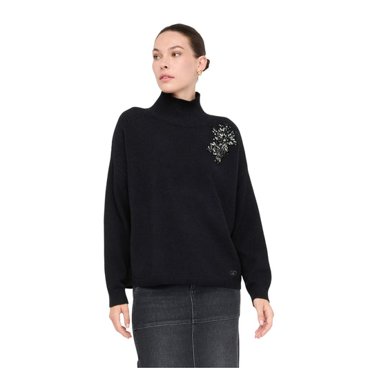 Maglione Donna in lana con gioiello Nero modella frontale