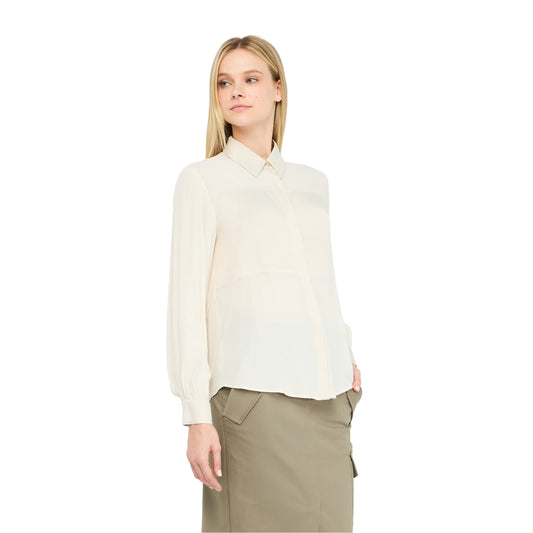 Camicia Donna in crêpe de chine Beige modella frontale