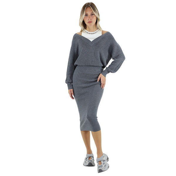 Abito Donna in maglia con ricami gioiello Grigio modella frontale