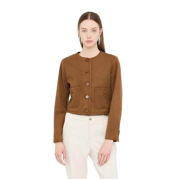 Giacca Donna effetto camoscio marrone modella frontale