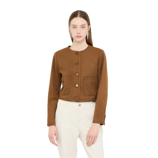 Giacca Donna effetto camoscio marrone modella frontale