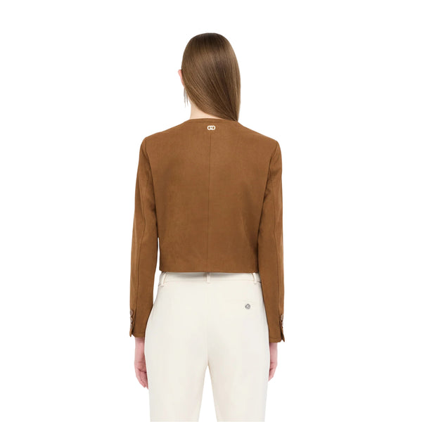 Giacca Donna effetto camoscio marrone modella retro